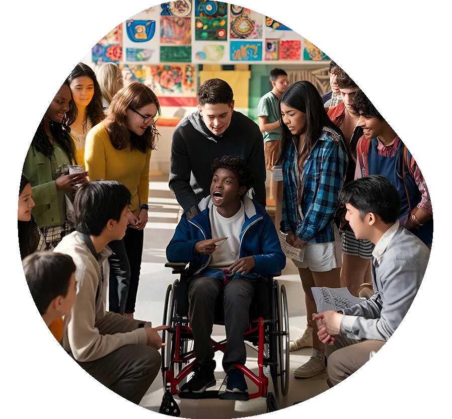 Grupo diverso de personas conversando en círculo, una persona usuaria de silla de ruedas en el centro